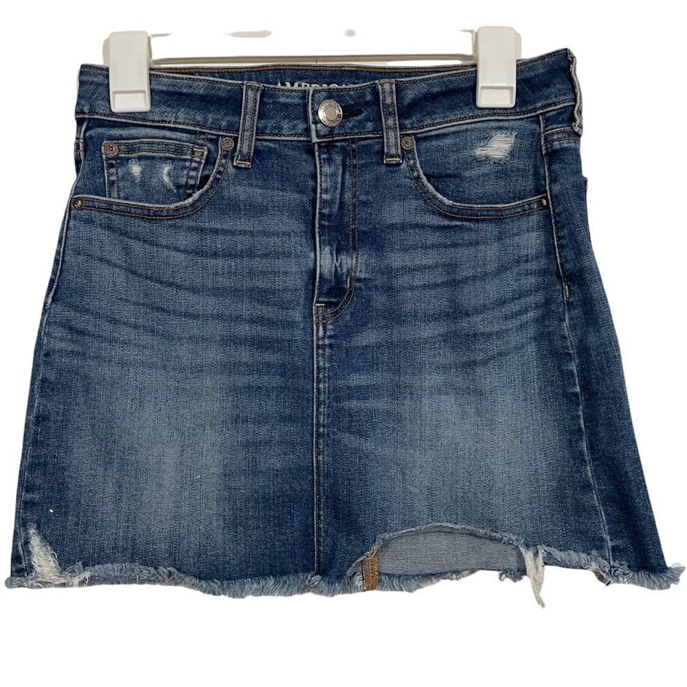 American Eagle Distressed Midi Length Jean Skirt